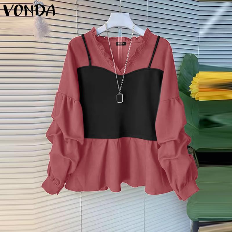 VONDA Women Casual Contrast Color Fake Two Piece V Neck Long Sleeve Blouses