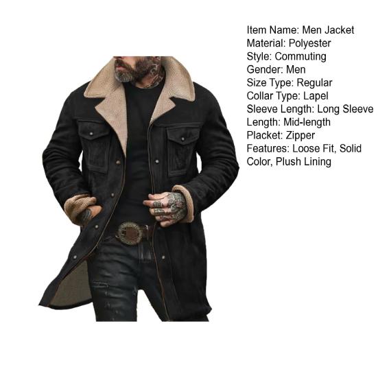 Men Jacket Autumn Winter Woolen Coat Lapel Single-Breasted Mid-Length Windproof Jacket Suede