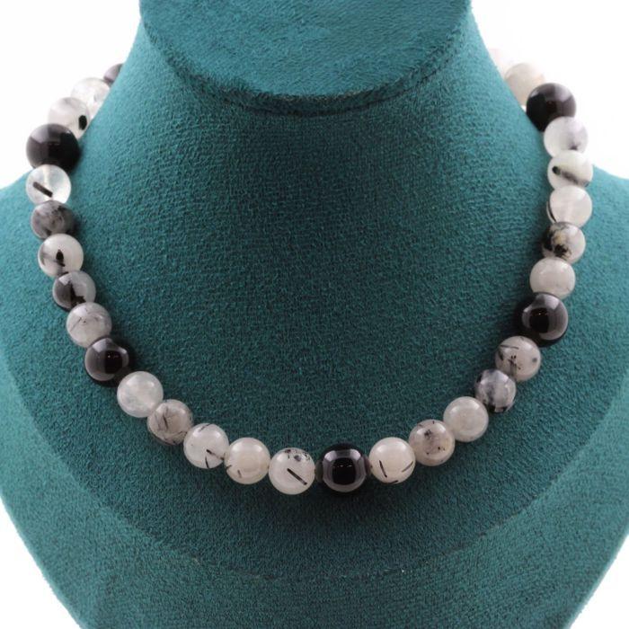 Pierres et Minéraux. Collier perles Quartz rutile noir 8 mm + Agate noire 10 mm. Chaine en Collier femmes, hommes. Taille personnal