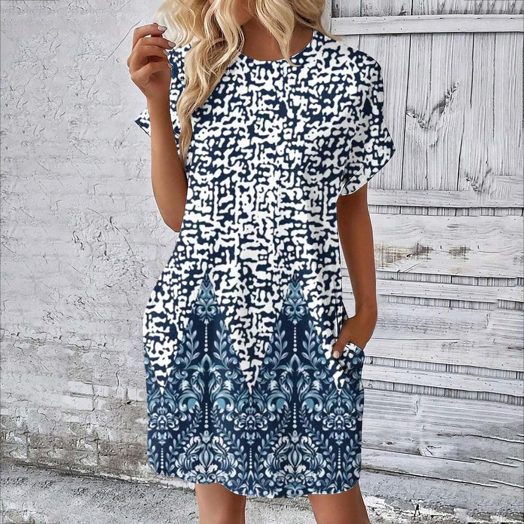 Женское модное летнее свободное платье-футболка средней длины с принтом и короткими рукавами