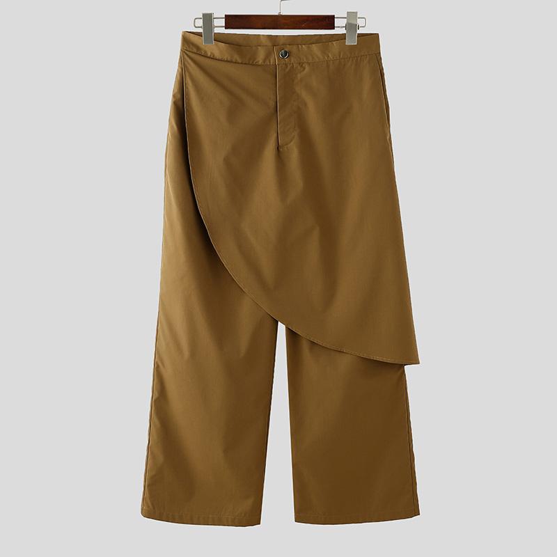 INCERUN Мужские длинные брюки на молнии, многослойные, в стиле пэчворк, повседневные прямые брюки