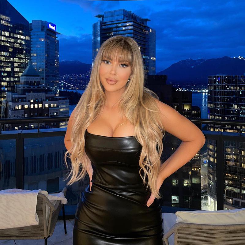 Женское облегающее кожаное платье на подтяжках осень 2024 в европейском и американском стиле