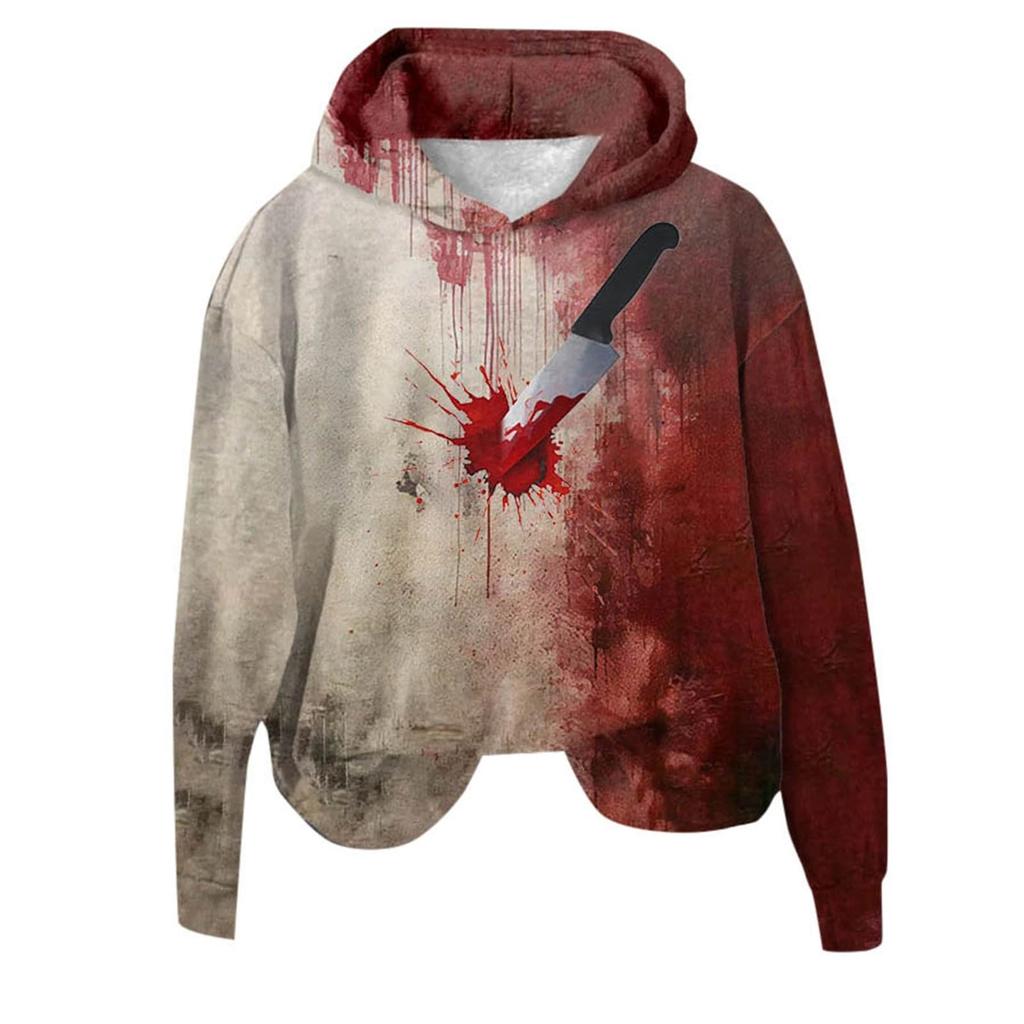 Women's 3D Bloody Letters Printed Long Sleeved Loose Hooded Sweatshirt New Halloween Ladies Casual Long Sleeved Pullover