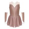 Girls Figure Skating Dress Sleeveless Glittering Rhinestone Keyhole Back with Gloves