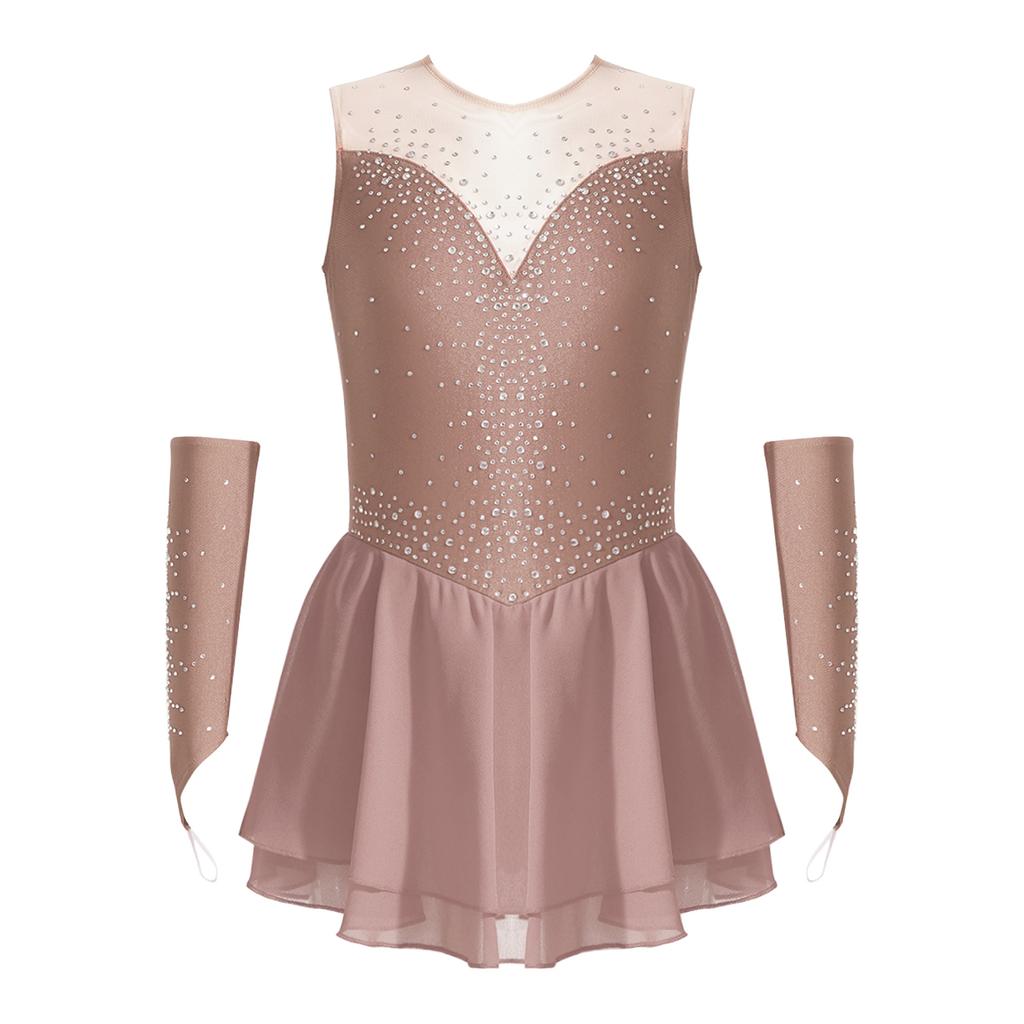 Girls Figure Skating Dress Sleeveless Glittering Rhinestone Keyhole Back with Gloves
