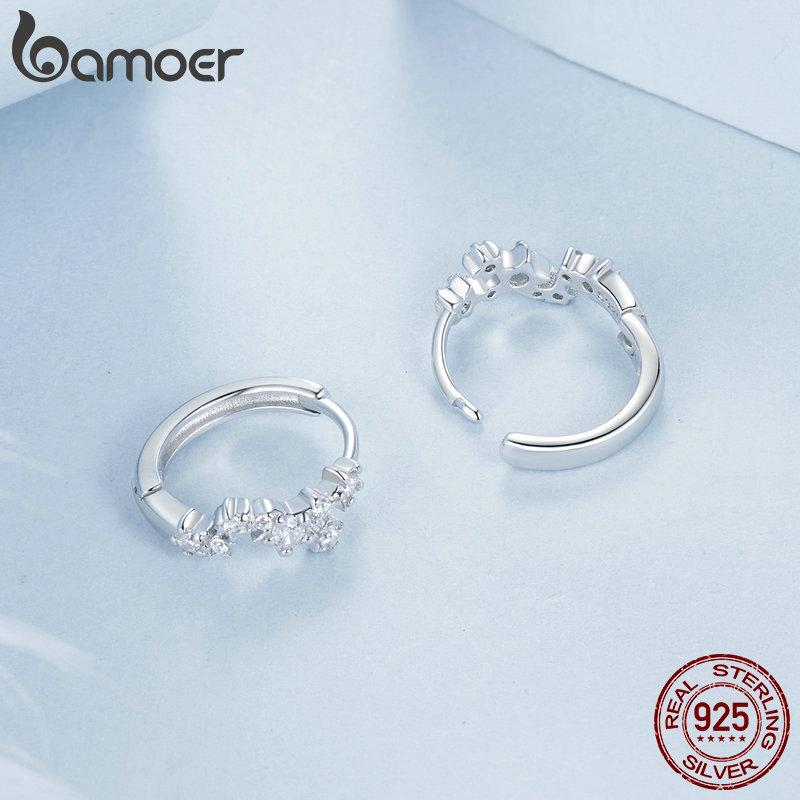 BAMOER 925 Sterling Silver Shiny Starry Ear Buckles Irregular Hoop Earrings for Women Shiny Zircon Fine Jewelry Gift