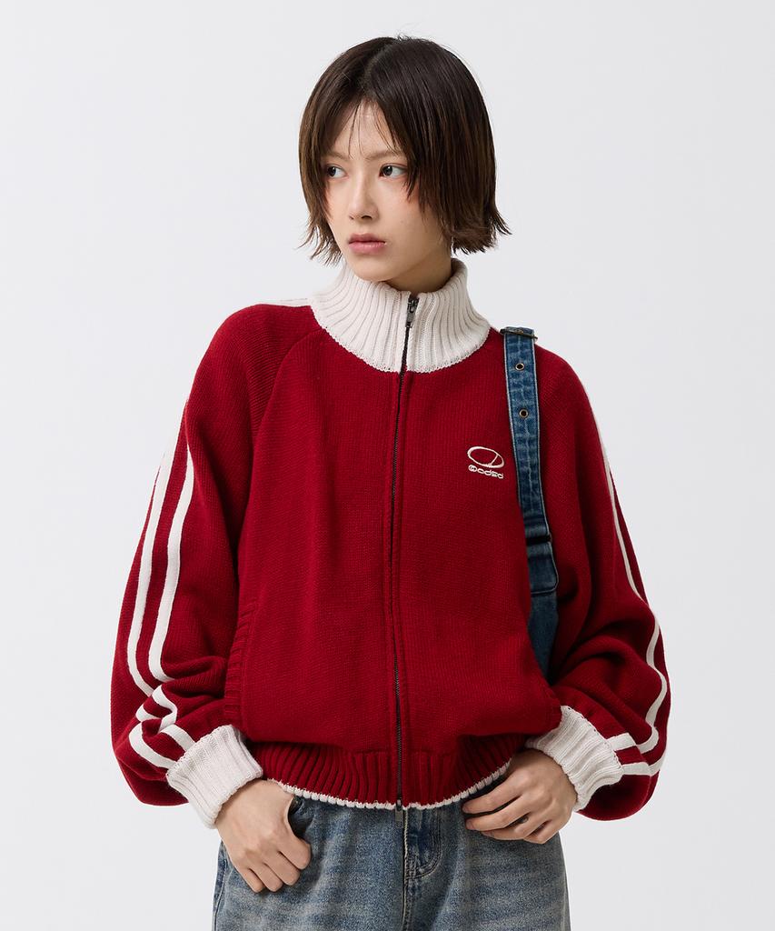 ODDSTUDIO Sporty Track Semi-Crop Knit Zip-Up - Red