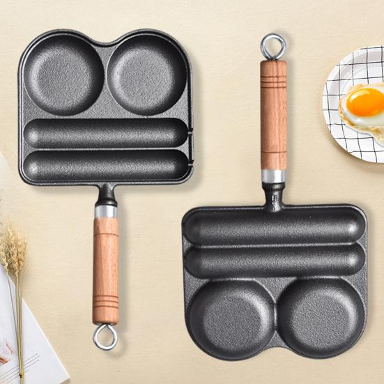 Сковорода на 4 чашки, чугунная сковорода для омлета, антипригарное покрытие, термостойкая деревянная ручка