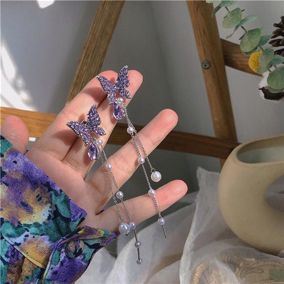 Женские модные блестящие серьги-капли со стразами и бабочками, элегантные жемчужные серьги с кисточками, ювелирные изделия для вечеринок