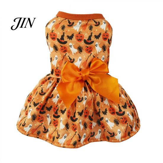Bat And Spider Dog Dress Halloween Dress, Pumpkin Print Pet Costume with Orange Bow, Bow Cute Outfit for Small Dogs, Trick or Treat Party Gift