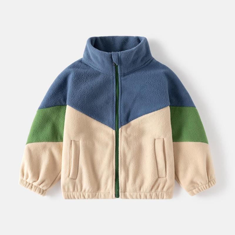Stand Collar Autumn and Winter Fashion Warm Kids Coat Soft Loose Polyester Material Boys' Color-block Fleece Jacket