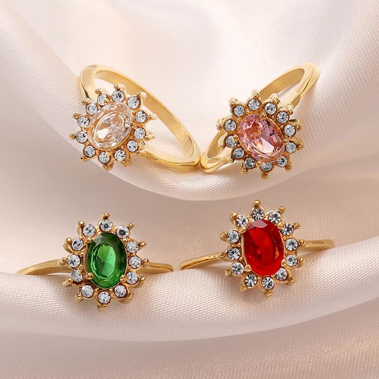 18K Gold Plated Double Layer Coarse Zircon Ring Stainless Steel Rimmed Oval Colored Zircon Ring for Woman