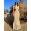 Sexy White Lace Women Dress Turtleneck Tassel Sleeve Slim Naked Waist Hollow Out Long Dress Summer Beach Female Knit Robe