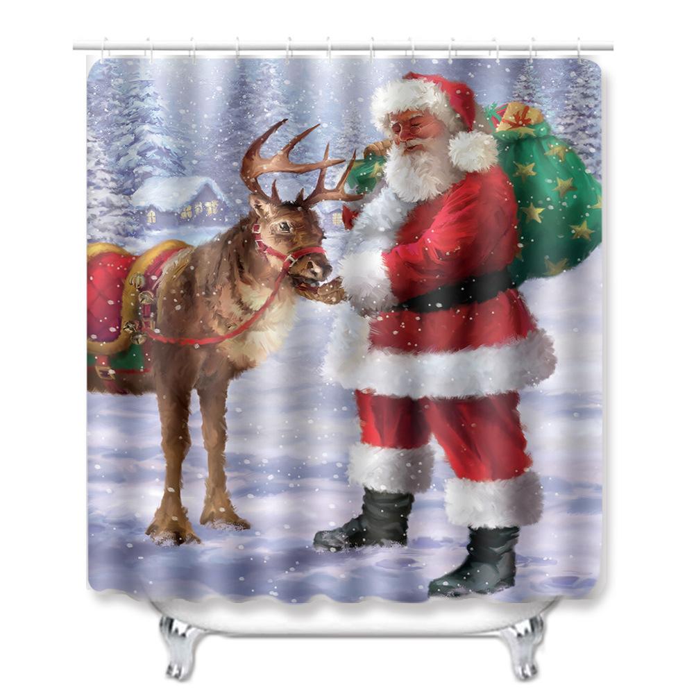 Christmas Shower Curtain Floor Mat Combination Four-Piece Set Bathroom Toilet Carpet Shower Room Mat Foot Mat