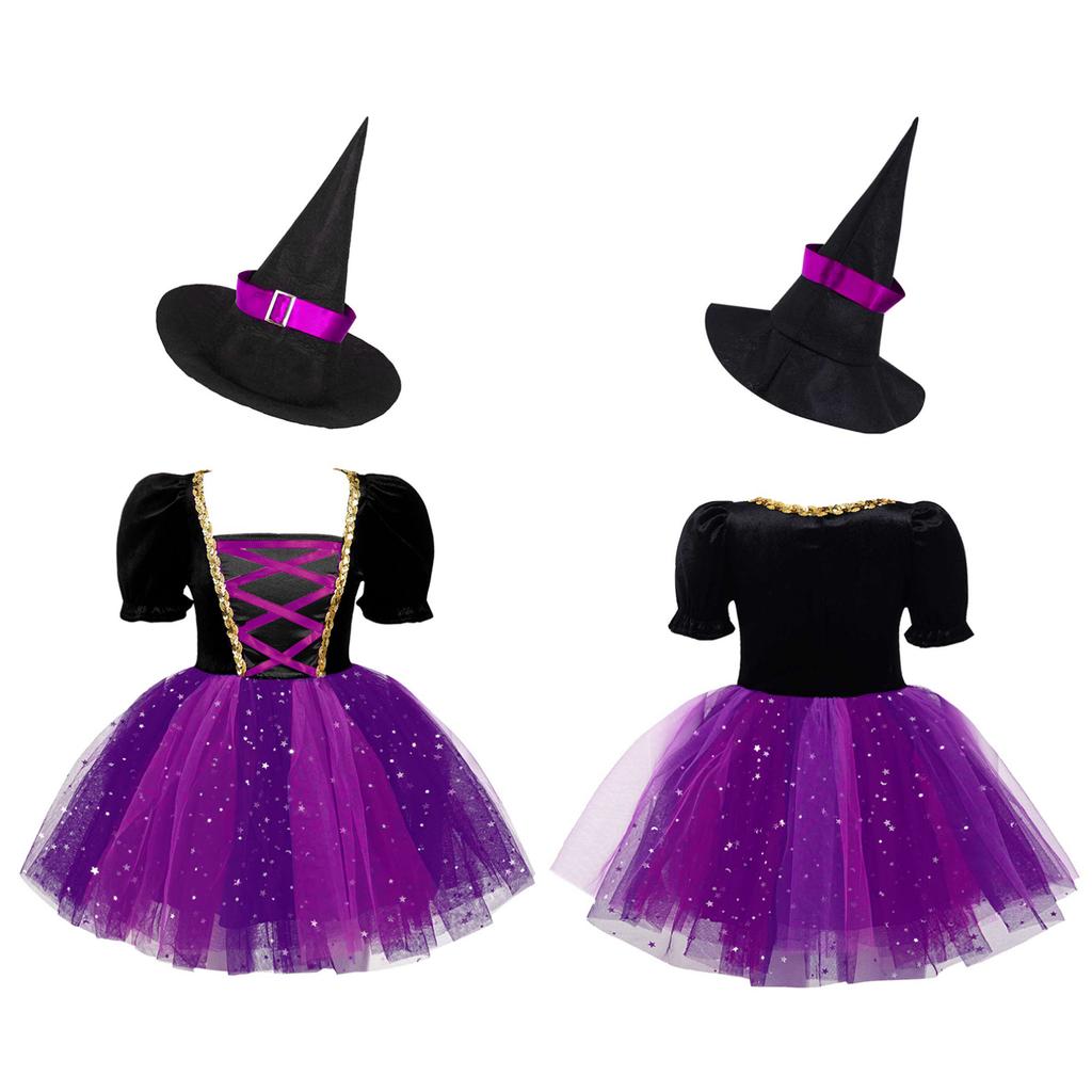 Детский костюм ведьмы для девочек, платье для косплея на Хэллоуин с остроконечной шляпой для карнавальной тематической вечеринки, нарядная одежда