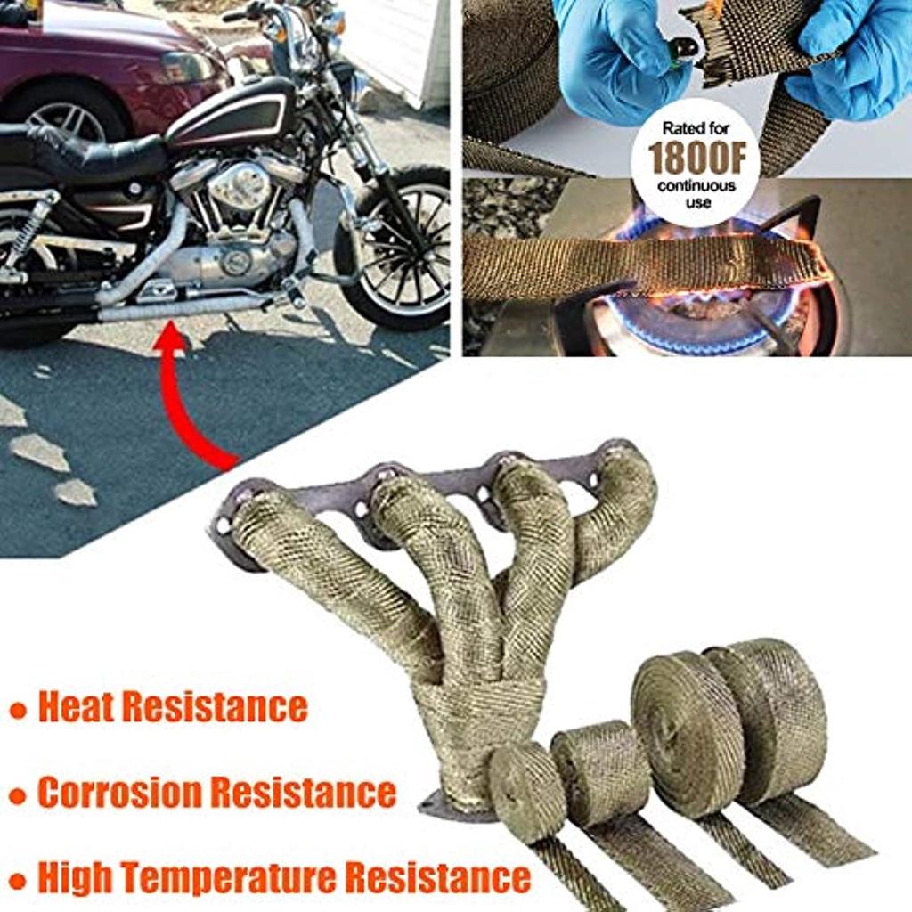 Теплозащитная лента 15 MX, 5 см. Выхлопная лента из базальтового волокна титанового цвета с 10 кабельными стяжками из нержавеющей стали для коллектора. Коллектор с термолентой.