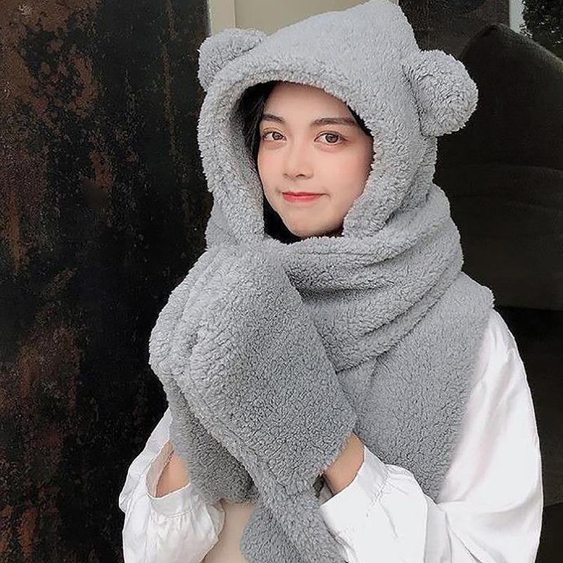 Зимние женские шапки с капюшоном, теплые шапки с медвежьими ушками, повседневная плюшевая шапка, шарф, повседневные женские шапки, теплые головные уборы