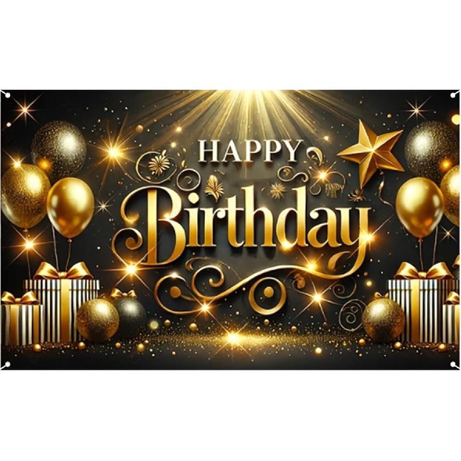Nuxovilar Happy Birthday Banner Blue Gold Balloons String Lights Polyester Backdrop 43x70.86 Inches - Large Party Birthday Decorations for Photo