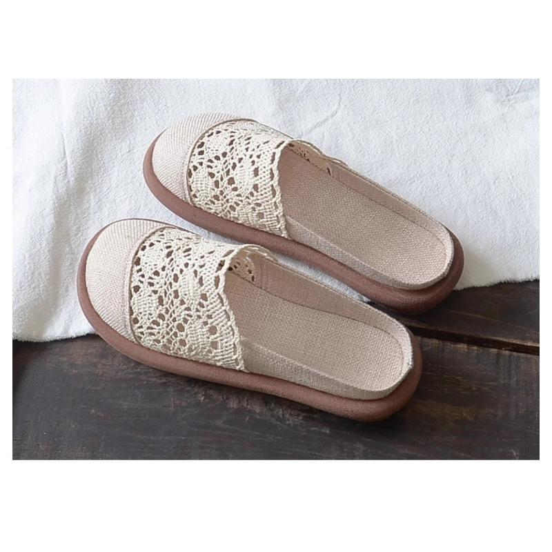 Мода 2025Женские художественные бохо сандалии из кружева и сетки - Винтажный ретро стиль, Универсальные мюли с закрытым носком и ремешком на пятке с вырезами