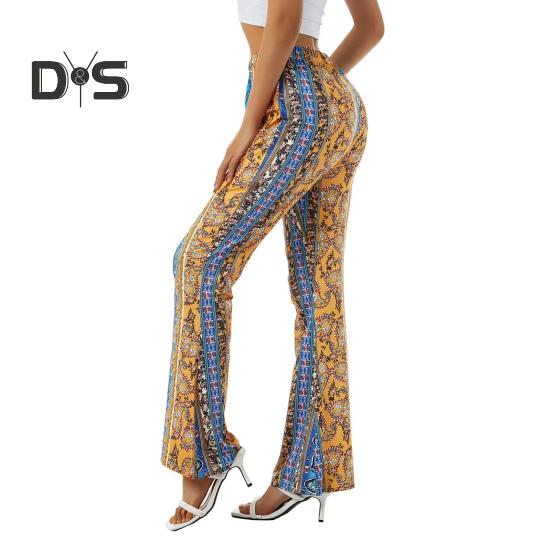 Женские брюки в этническом стиле с цветочным принтом, длинные расклешенные брюки в стиле ретро, ​​высокоэластичные сексуальные повседневные брюки, уличная одежда