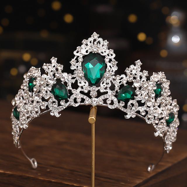 Baroque Luxury Queen Green Crystal Crown Bride Tiara Wedding New Women Korean Princess Headpiece Hair Jewelry Accessories