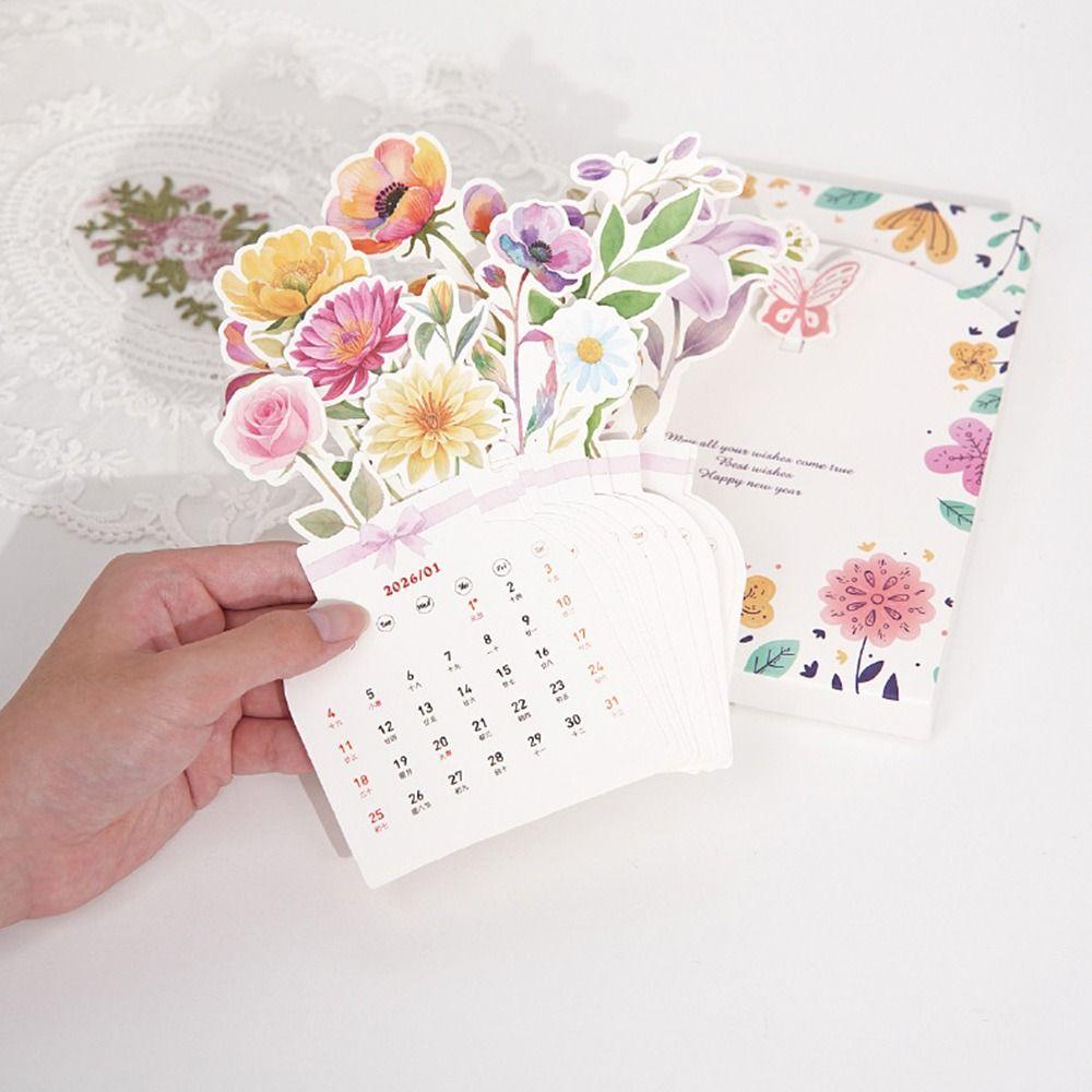 Detachable Base Bloomy Flowers Desk Calendar Wooden Base Monthly Planner for Table Desk Decor