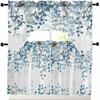 Kitchen Curtains Sets 24 Inch Length with Valance, Abstract Art Blue Leaves Branches Swag Valances for Windows and Tiers Curtain Set, Light Filtering