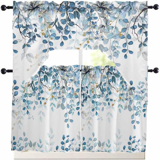Kitchen Curtains Sets 24 Inch Length with Valance, Abstract Art Blue Leaves Branches Swag Valances for Windows and Tiers Curtain Set, Light Filtering