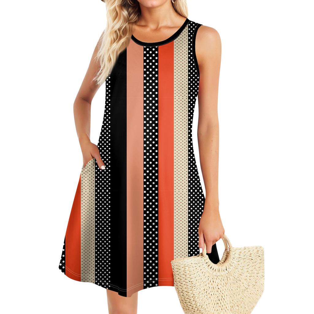 Summer Dresses For Women Beach Boho Sleeveless Vintage Printing Flowy Pocket Tshirt Tank Sundresses