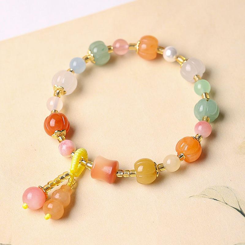 Gold Silk Jade Pumpkin Bracelet for Women, Multi-Bead Pumpkin Buddha Bead Bracelet, Single Strand, Gift for Peace, Health, and Good Luck