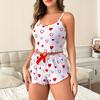 Women's Summer Camisole Pajama Set Spaghetti Strap Sleeveless Crop Tank Top And Shorts Sleepwear Set Heart Print Two-Piece Lounge Set