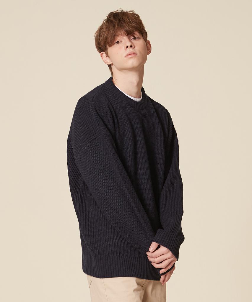 BLOND9 Crew Neck Rib Knit Sweater_Navy