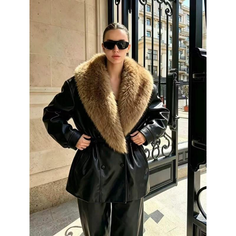 Womens Vintage Street Style Short PU Leather Jacket With Faux Fur Collar Double Breasted Waist Drawstring