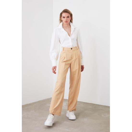 White Woven Balloon Sleeve Basic Stylish Cotton Shirt