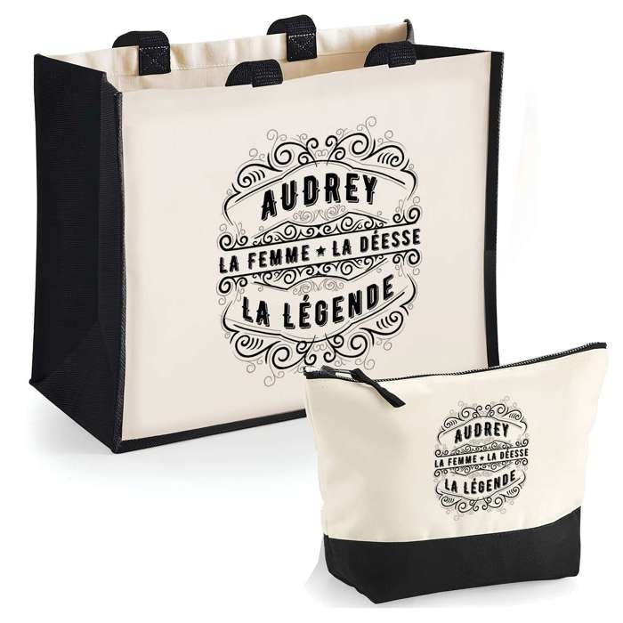 Sac cabas - PLANETEE - Audrey Déesse Légende - Duo cabas + trousse - Jute & coton - Personnalisable, fabrication française