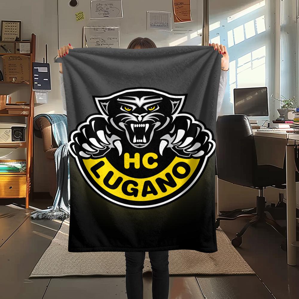 1PC Hockey Club Lugano Print Flannel Blanket, High quality Comfortable for All Seasons, Home Decor, Warmth and Comfort, Perfect for Christmas Gifts