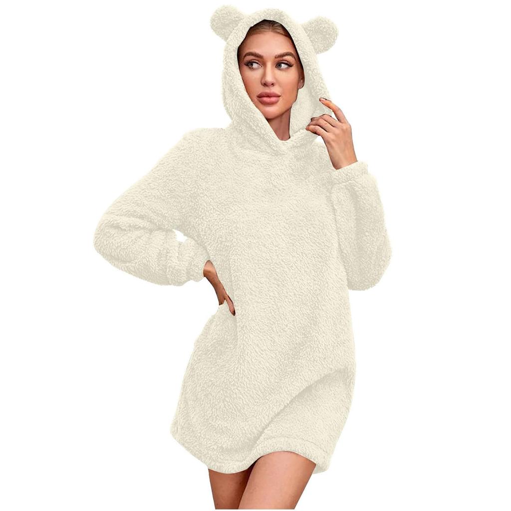 Women's Plush Hooded Casual Cute Bear Ears Pajama Dress
