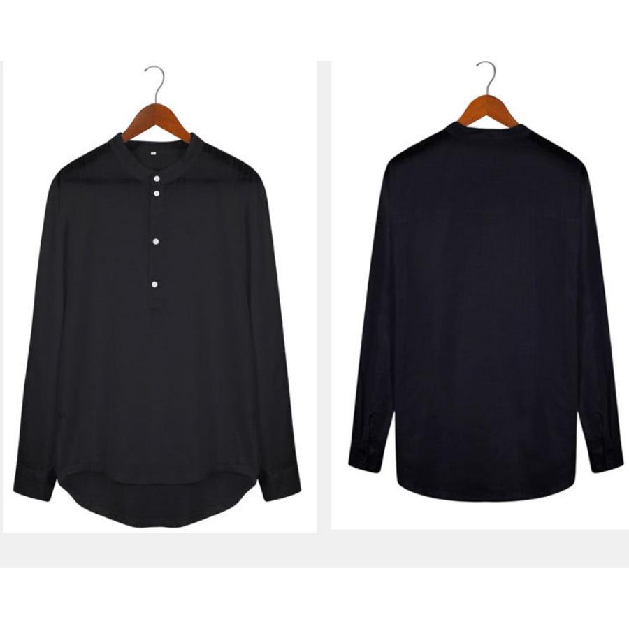 Men Henry Shirt Men's Casual Thin Cotton Linen Shirt White Black Khaki Stand Up Collar Straight Solid Color Long Sleeve Top