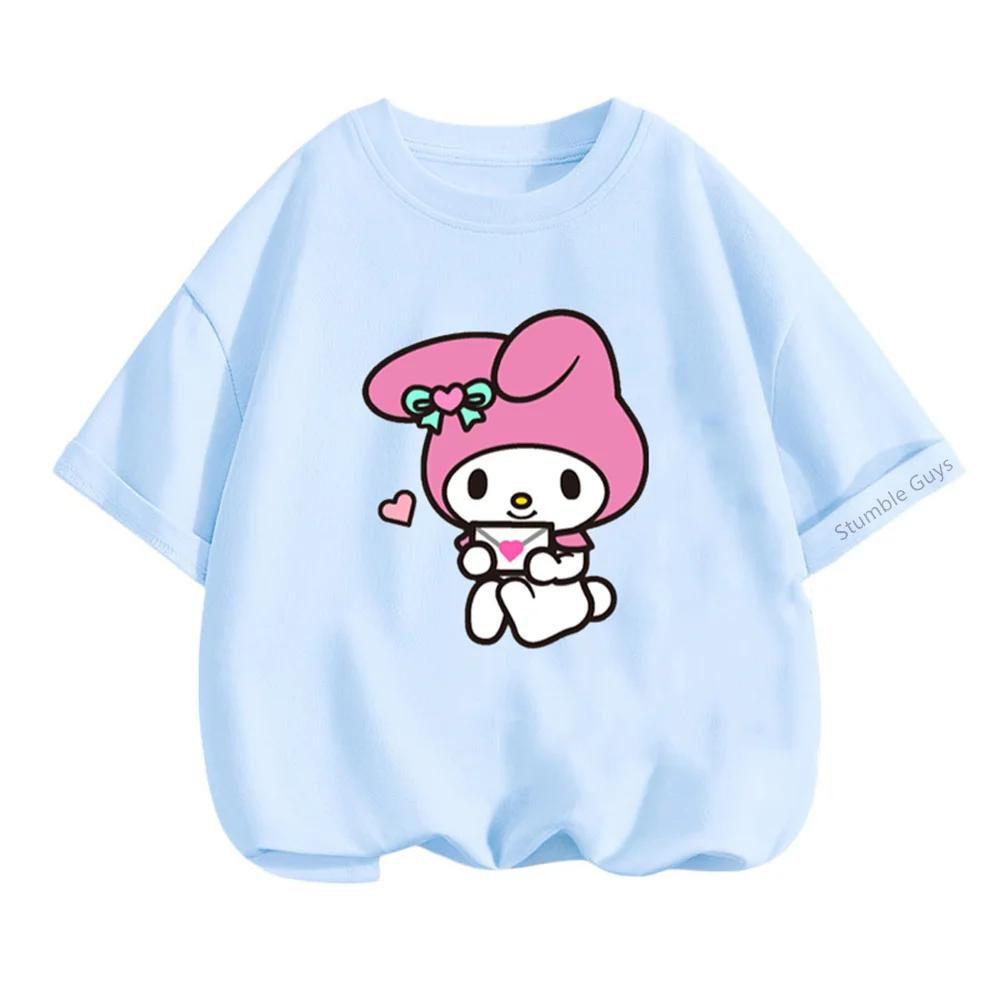 Kawaii My Melody Sanrio Short Sleeve T-shirt 3-14Y Kids Summer Casual Tops Boys Clothes Girls