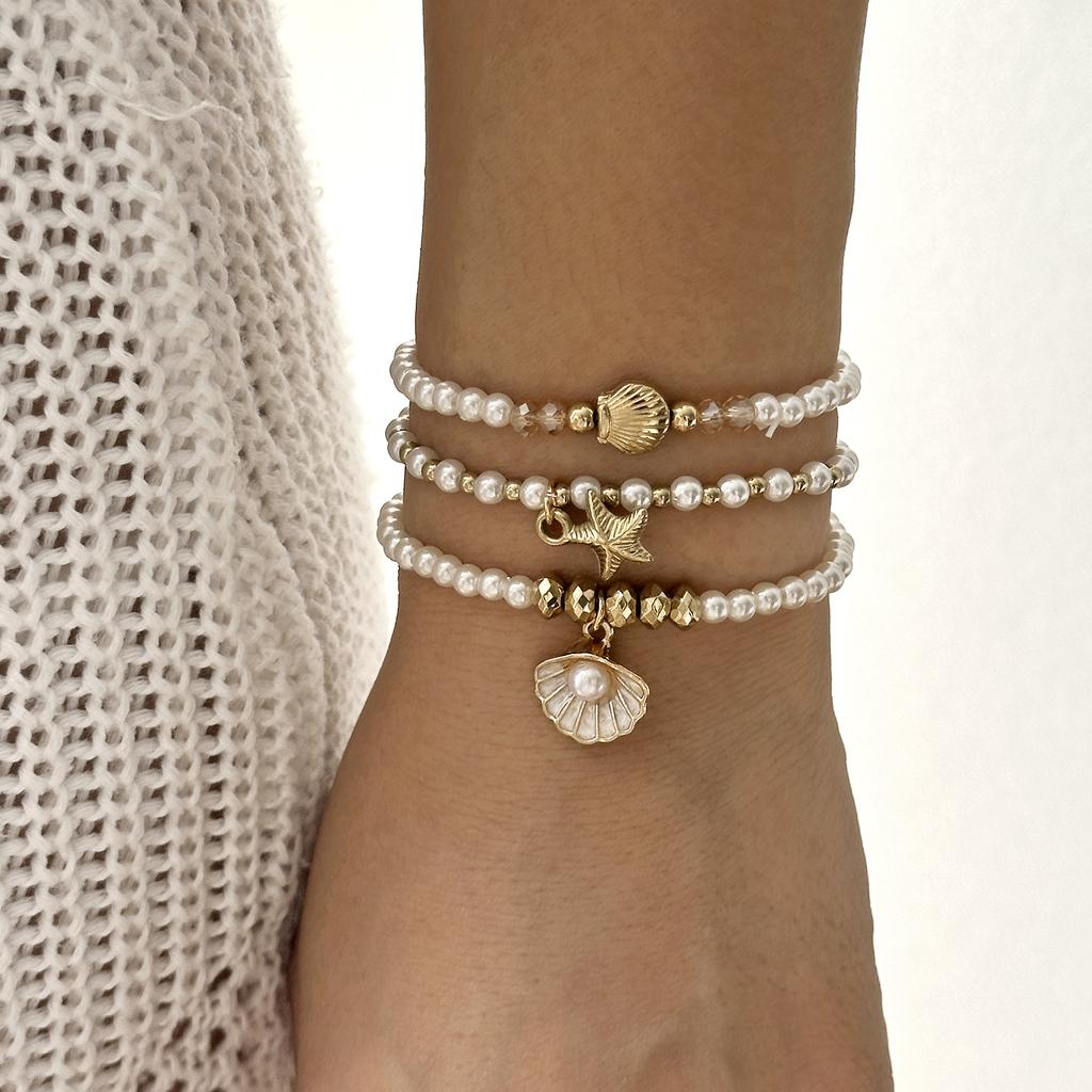 3pcs Classic Metal Starfish Shell Drop Bracelets Set for Women Handmade Imitation Pearls Beaded Bracelets Summer Jewelry Gifts
