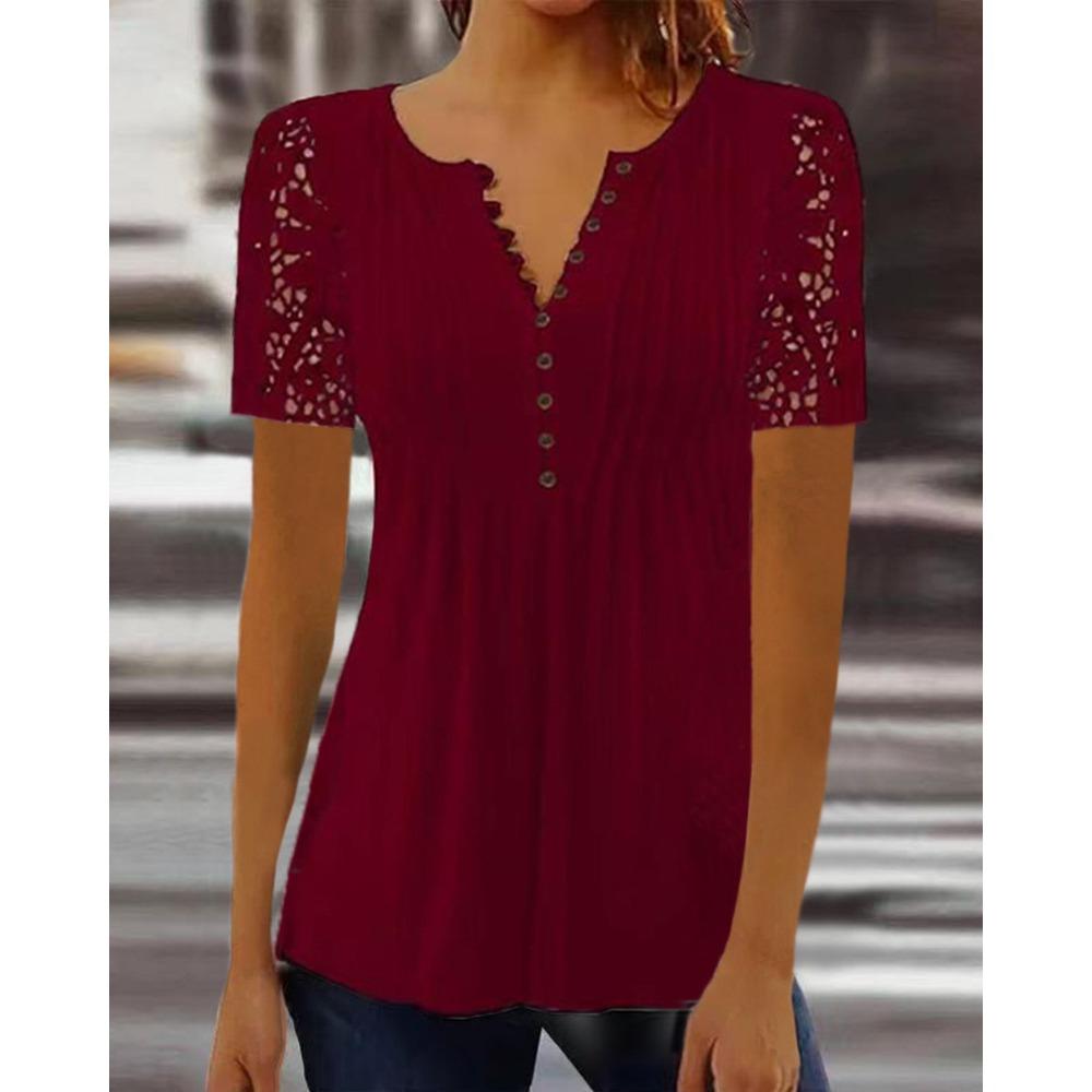 GMXIA Женские модные повседневные кружевные кружевные рукава, прессованные летние однотонные блузки и рубашки с короткими рукавами и v-образным вырезом с принтом