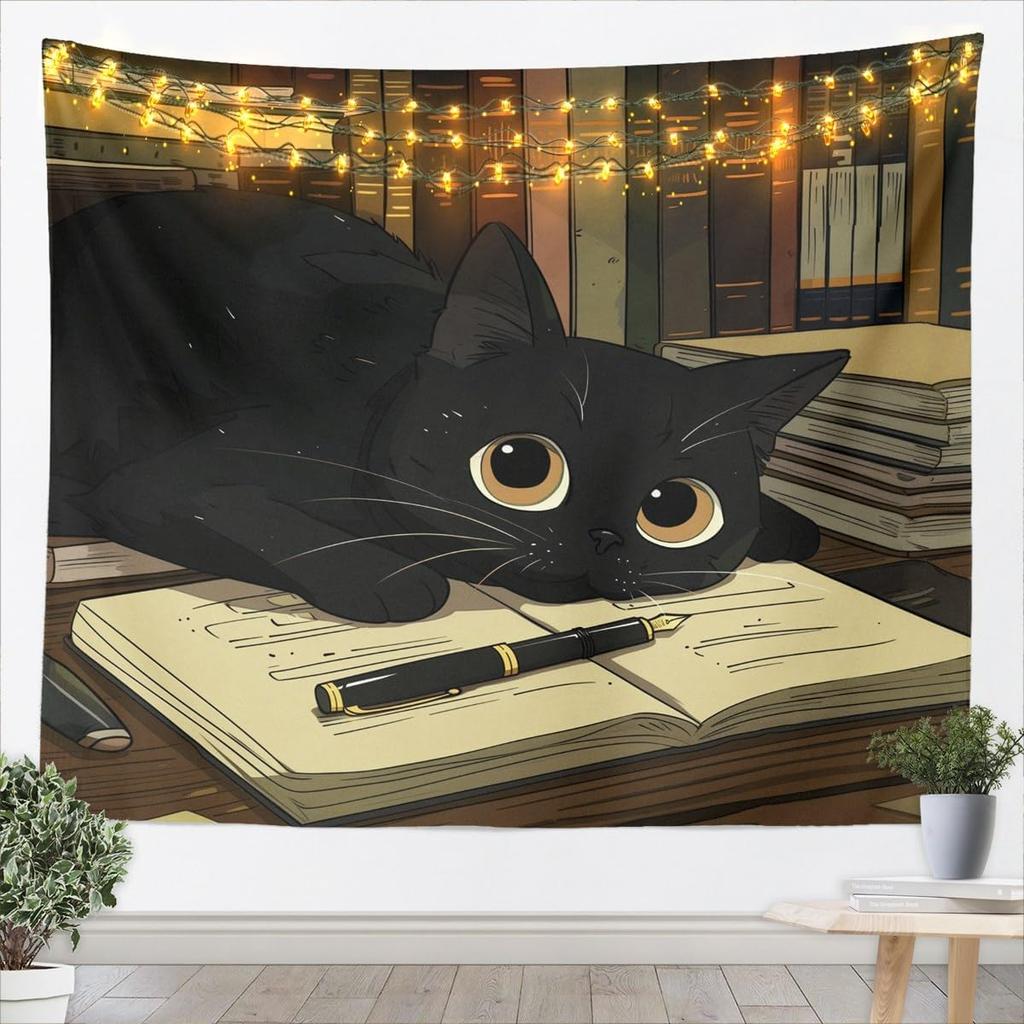 Beautiful Black Cat Book Study Tapestry Wall Hanging Aesthetic Cat Lover Academia Nursery Home Decor Print Art