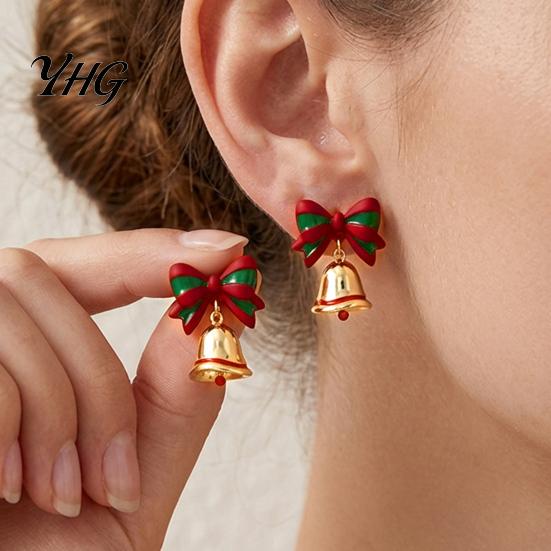 Unique Christmas Accessories 1 Pair Jingle Bell Stud Dangle Drop Earrings for Women, Small Holiday Gift Her Green Red Bow Jewelry Xmas Party, Stocking
