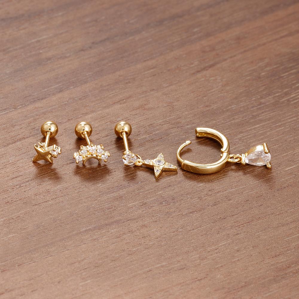 4PCS Luxury Star Moon Stainless Steel Zircon Stud Earrings Set For Women Simple Flower Earring Classic Huggie Daily Jewelry