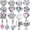 New S925 Silver Pink Heart Animal Paw Print Pendant Clear Zircon Fashion Beads Fit Original  Charms Bracelet Women Jewelry
