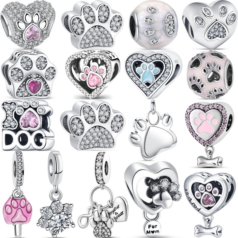 New S925 Silver Pink Heart Animal Paw Print Pendant Clear Zircon Fashion Beads Fit Original Charms Bracelet Women Jewelry