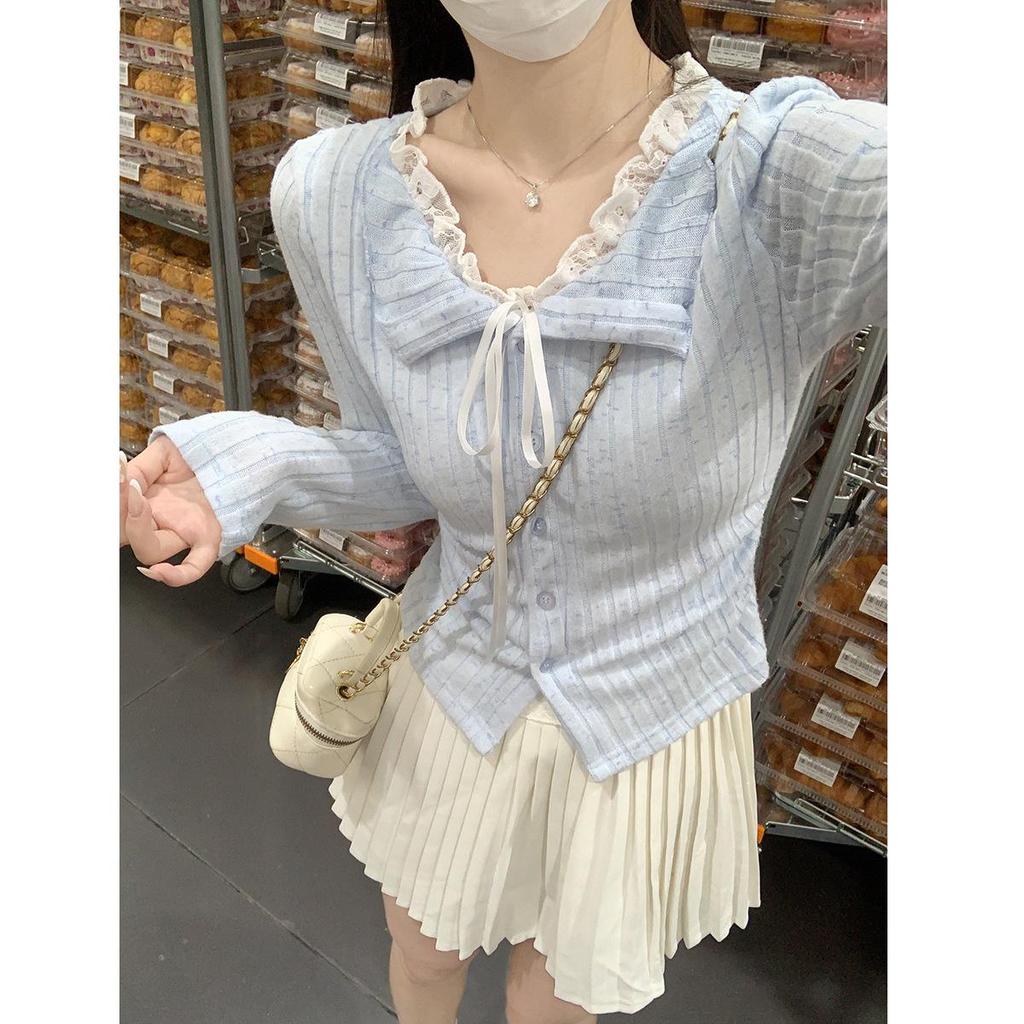 Snowflake Stripe Brushed Blue Lace Two-Piece Long Sleeve T-Shirt - Women's Autumn Short Style