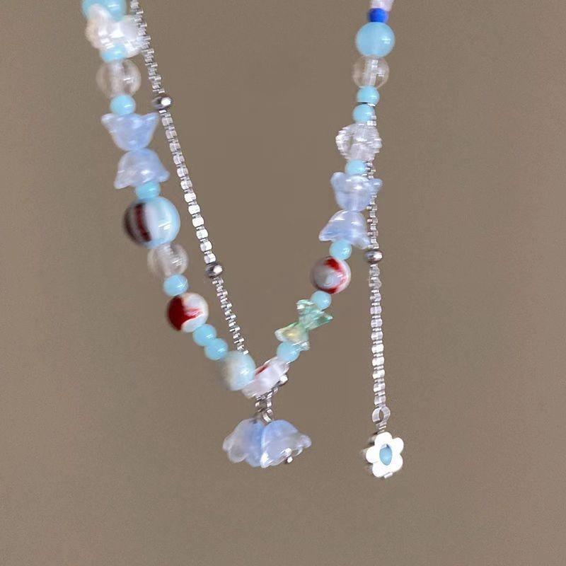 Design sense niche beaded necklace glazed flower gravel handmade collarbone chain retro neck chain necklace