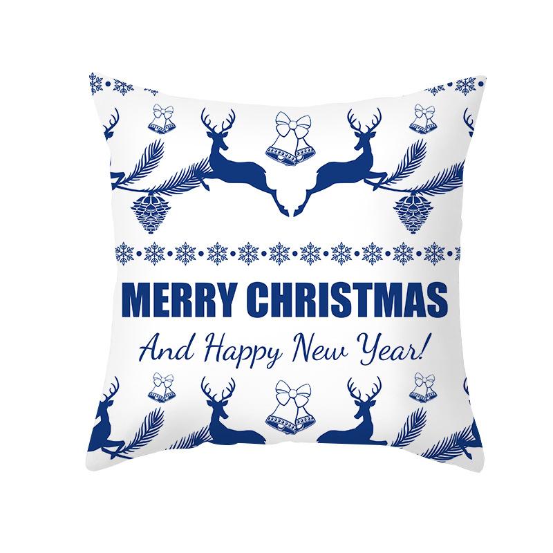 Blue Christmas Cushion Cover Merry  Elk Snowflake Print Pillowcase Sofa Ornament Home Decoration New Year Gift 45x45cm