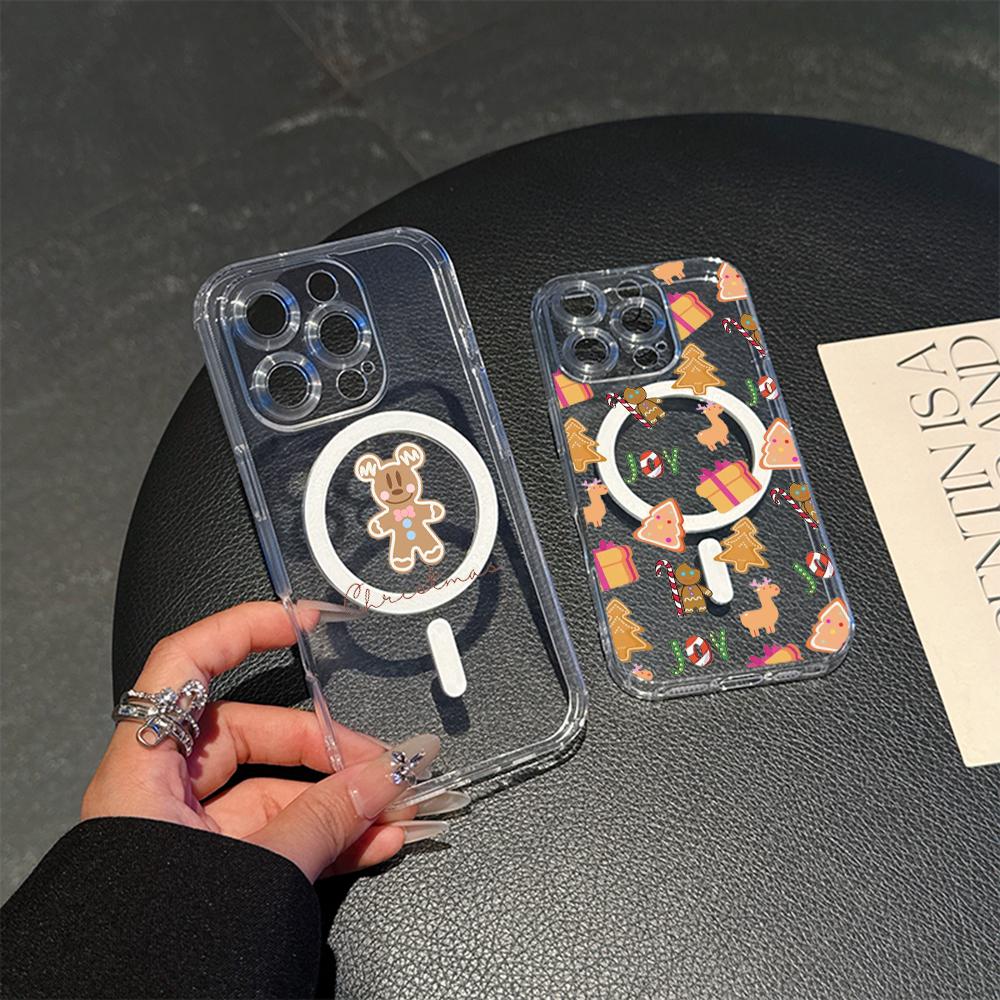 AC102 Рождественские С Новым Годом Magsafe Прозрачные Чехлы для Samsung S23 S24 Ultra S21 FE iPhone 16 13 Pro Max XR Магнитная Беспроводная Зарядка Задняя Крышка